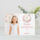 Girl photo pink florals cross First Communion  Dankeskarte (Stehend Vorderseite)