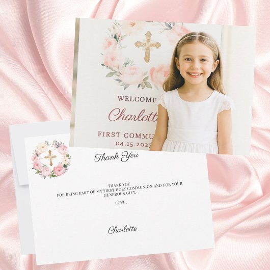 Girl photo pink florals cross First Communion  Dankeskarte