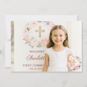 Girl photo pink florals cross First Communion  Dankeskarte (Vorderseite)