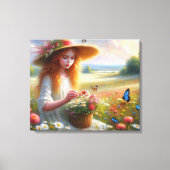 Girl Picking Blume Stretched Canvas Print Leinwanddruck (Vorderseite)