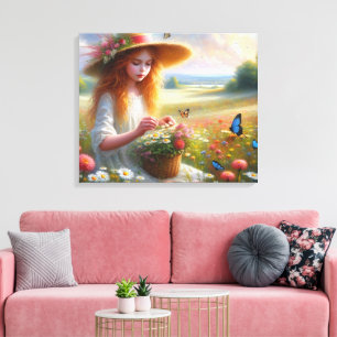 Girl Picking Blume Stretched Canvas Print Leinwanddruck