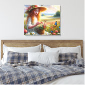 Girl Picking Blume Stretched Canvas Print Leinwanddruck (Insitu (Schlafzimmer))