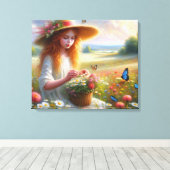 Girl Picking Blume Stretched Canvas Print Leinwanddruck (Insitu (Holzboden))