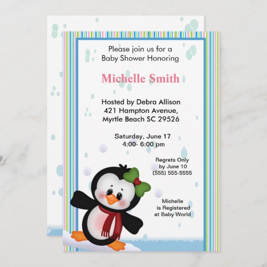 Girl Pinguin Baby Dusche Einladung (Vorne/Hinten)