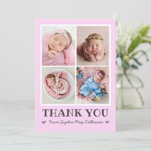 Girl Pink Baby Dankeschön-Karte mit Foto Collage Einladung (Stehend Vorderseite)