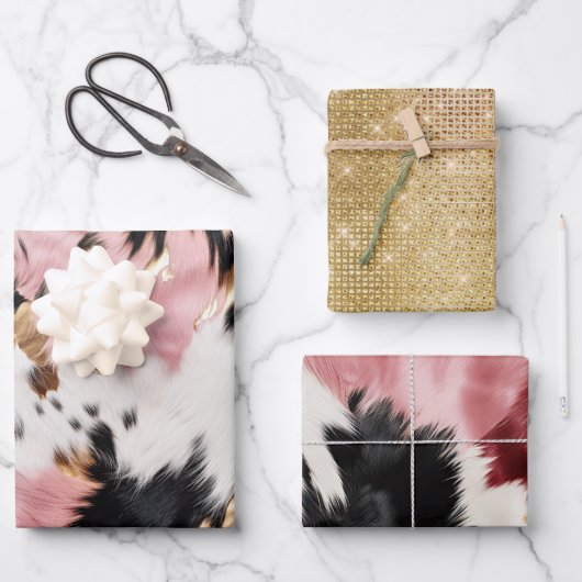 Girl Pink Black Gold Cowgirl Cowhide Wrapping Pap Geschenkpapier Set (Vorderseite)