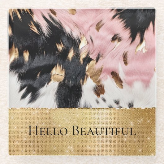 Girl Pink Black Gold Sparkle Cowgirl Cowhide Glasuntersetzer (Vorderseite)