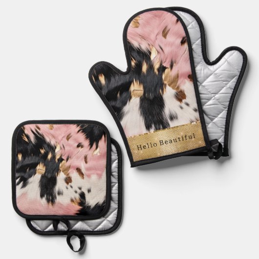 Girl Pink Black Gold Sparkle Cowgirl Cowhide Ofenhandschuh & Topflappen-Set (Vorderseite/Rückseite)