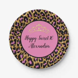 Girl Pink & Black Leopard Gold Glitzer Pappteller