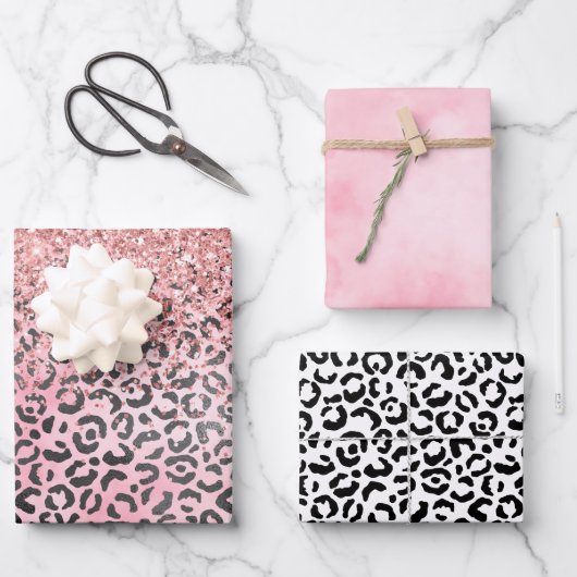 Girl Pink Black Leopard Print Glitzer Geschenkpapier Set (Vorderseite)