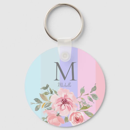 Girl Pink Blue Stripe Floral Monogram Schlüsselanhänger (Vorderseite)