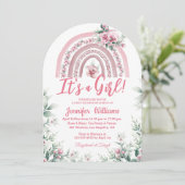 Girl pink boho blumenbaby dusche Regenbogenbogen Einladung (Stehend Vorderseite)