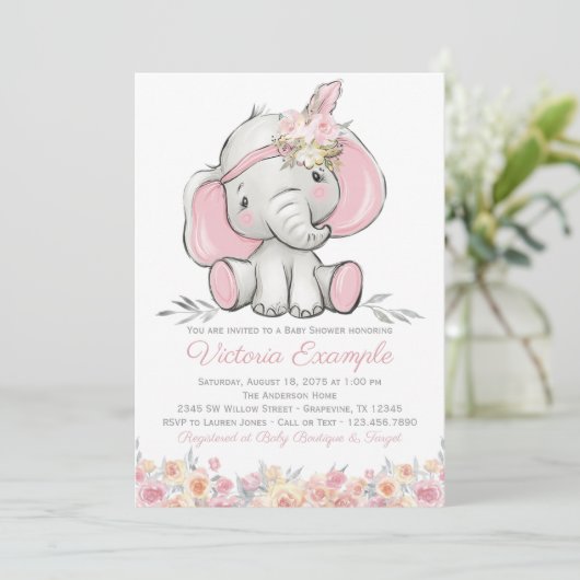 Girl Pink Boho Elephant Baby Dusche Einladung (Stehend Vorderseite)