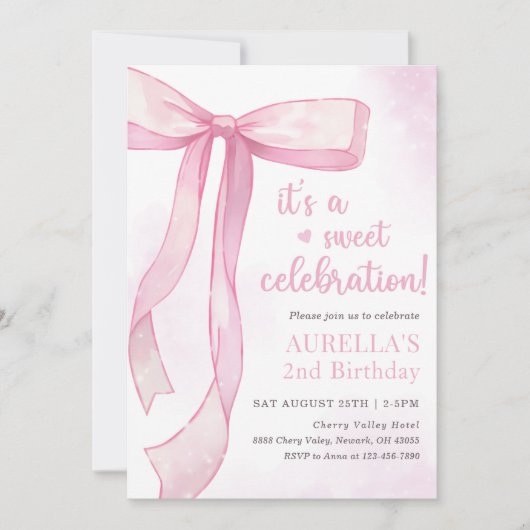 Girl Pink Bow 2. Geburtstag Einladung (Vorderseite)