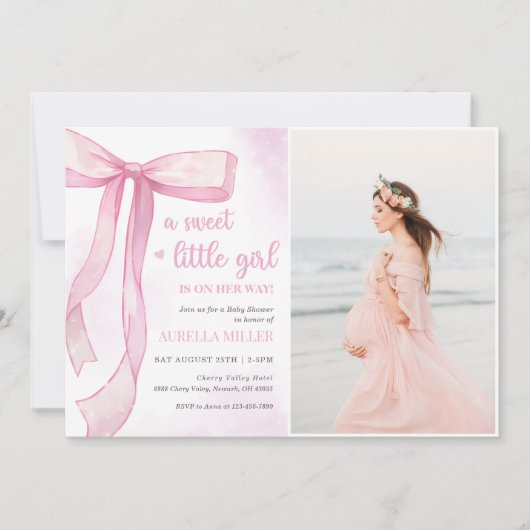 Girl Pink Bow Baby Duschkabine Foto Einladung (Vorderseite)