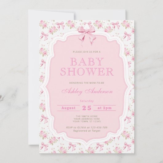 Girl Pink Bow Babydusche Einladung (Vorderseite)
