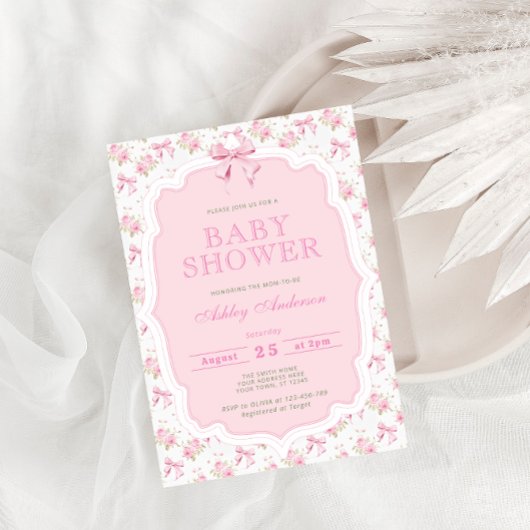 Girl Pink Bow Babydusche Einladung