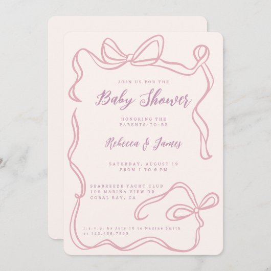 Girl Pink Bow Funky Hand-gezeichnet Kinderdusche Einladung (Vorne/Hinten)