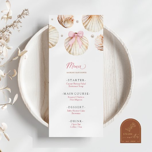 Girl Pink Bow Shell Baby Shower Flat Menu Menükarte