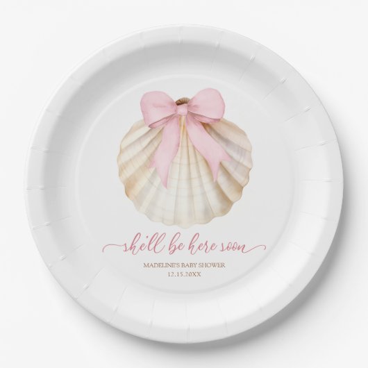 Girl Pink Bow Shell Baby Shower Paper Plate Pappteller (Vorderseite)