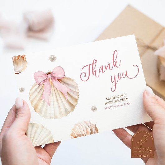 Girl Pink Bow Shell Baby Shower Thank You Card Begleitkarte
