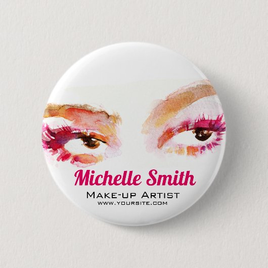 Girl Pink Brown Watercolor Eye Makeup Artist Button (Vorderseite)
