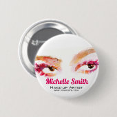 Girl Pink Brown Watercolor Eye Makeup Artist Button (Vorne & Hinten)