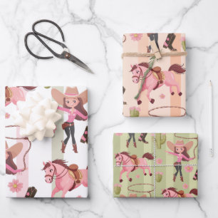 Girl Pink Cowgirl Horse Rodeo Western Design Geschenkpapier Set