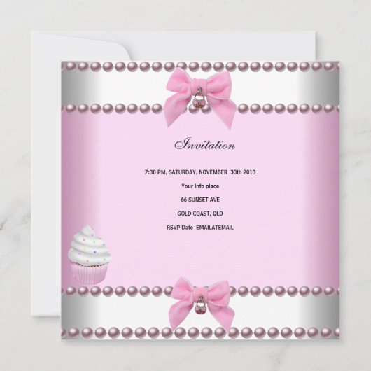 Girl Pink Cupcakes White Pearl Baby Einladung (Rückseite)