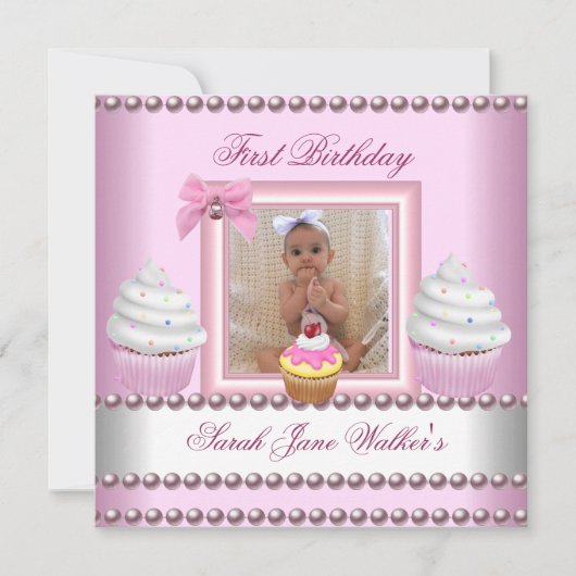 Girl Pink Cupcakes White Pearl Baby Einladung (Vorderseite)