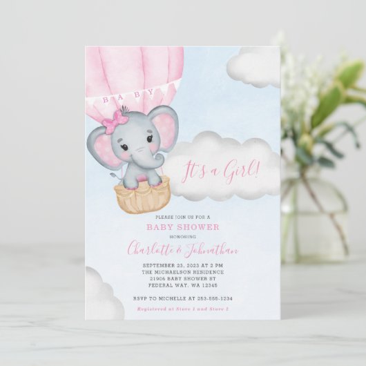 Girl Pink Elephant Baby Dusche Einladung (Stehend Vorderseite)