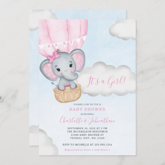 Girl Pink Elephant Baby Dusche Einladung (Vorne/Hinten)