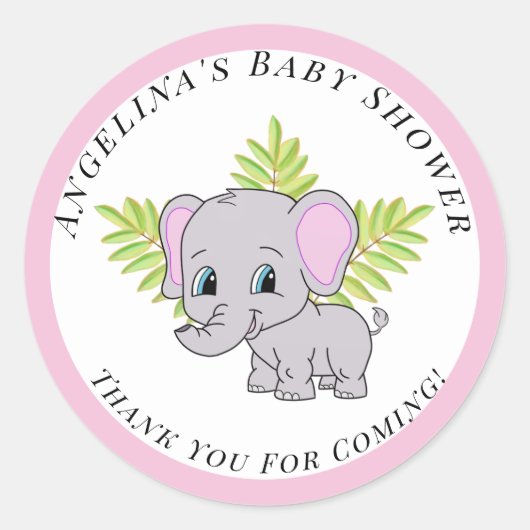 Girl Pink Elephant Niedlich Baby Dusche Runder Aufkleber (Vorderseite)