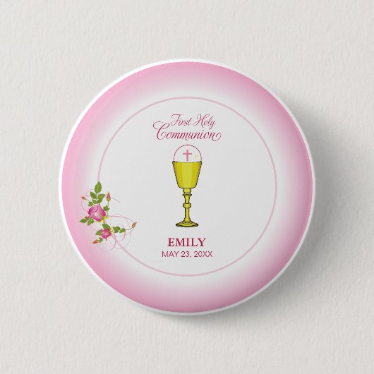 Girl Pink Erste heilige Kommunion, Chalice, Gastge Button (Vorderseite)