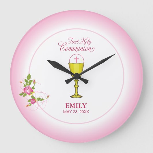 Girl Pink Erste heilige Kommunion, Chalice, Gastge Große Wanduhr (Vorderseite)