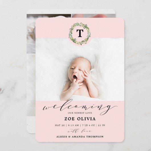 Girl Pink Eucalyptus Greenerenery Monogram Baby Bi Ankündigung (Vorne/Hinten)