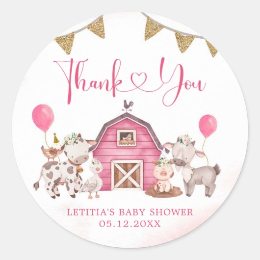 Girl Pink Farm Baby Dusche Danke Sticker (Vorderseite)