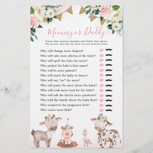 Girl Pink Farm Baby Shower Mommy oder Daddy (Vorderseite)
