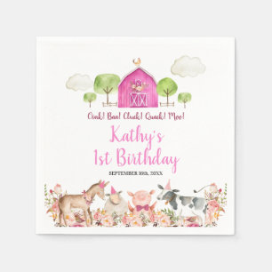 Girl Pink Farm House Tiere Barnyard 1. Geburtstag Serviette