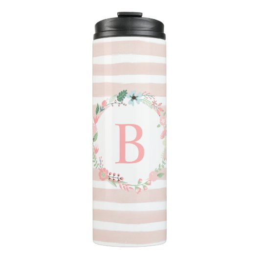 Girl Pink Floral Monogram Thermosbecher (Vorderseite)