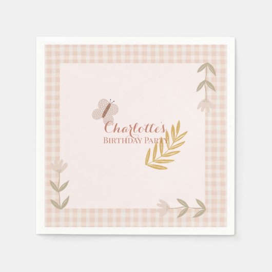 Girl Pink Gingham Wildblumen Butterfly Serviette (Vorderseite)