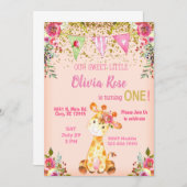 Girl pink giraffe 1. Geburtstagseinladung. Einladung (Vorne/Hinten)