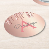 Girl Pink Glitzer Mit Monogramm Rose Gold Tropfen Runder Pappuntersetzer (Angewinkelt)