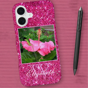 Girl Pink Glitzer Monogram Persönlicher Foto Name iPhone 16 Hülle