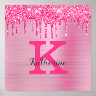 Girl Pink Glitzer Tropfen Chic Glam Monogram Name Poster