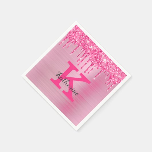 Girl Pink Glitzer Tropfen Chic Glam Monogram Name Serviette (Ecke)