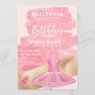 Girl Pink Gold Ballerina Brushstrokes Geburtstag Einladung