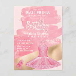 Girl Pink Gold Ballerina Brushstrokes Geburtstag Einladungspostkarte