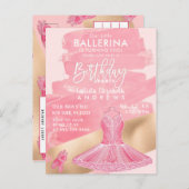 Girl Pink Gold Ballerina Brushstrokes Geburtstag Einladungspostkarte (Vorne/Hinten)