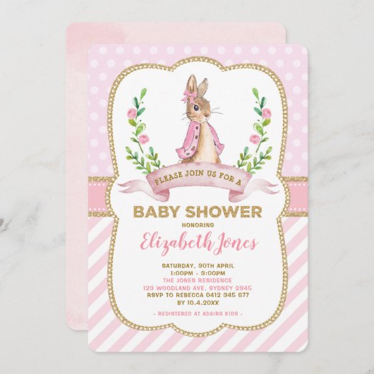 Girl Pink Gold Floral Bunny Rabbit Baby Dusche Einladung (Vorne/Hinten)